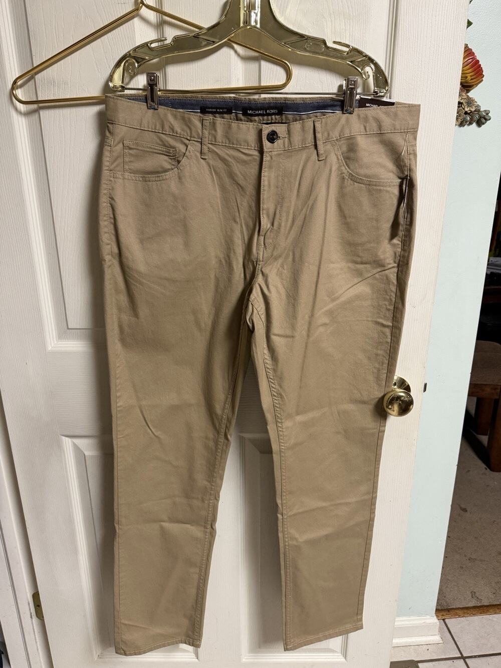 Michael Kors Mens Parker Slim Fit Khaki Tan Chino Pants 36x32 5-Pocket Trousers